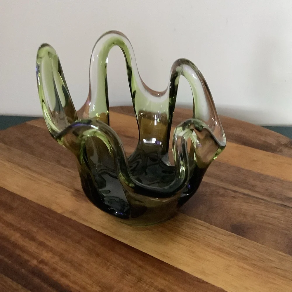 Vintage Murano Style Art Glass Bowl Votive | Olive Green Smoky Glass - Picture 2 of 9